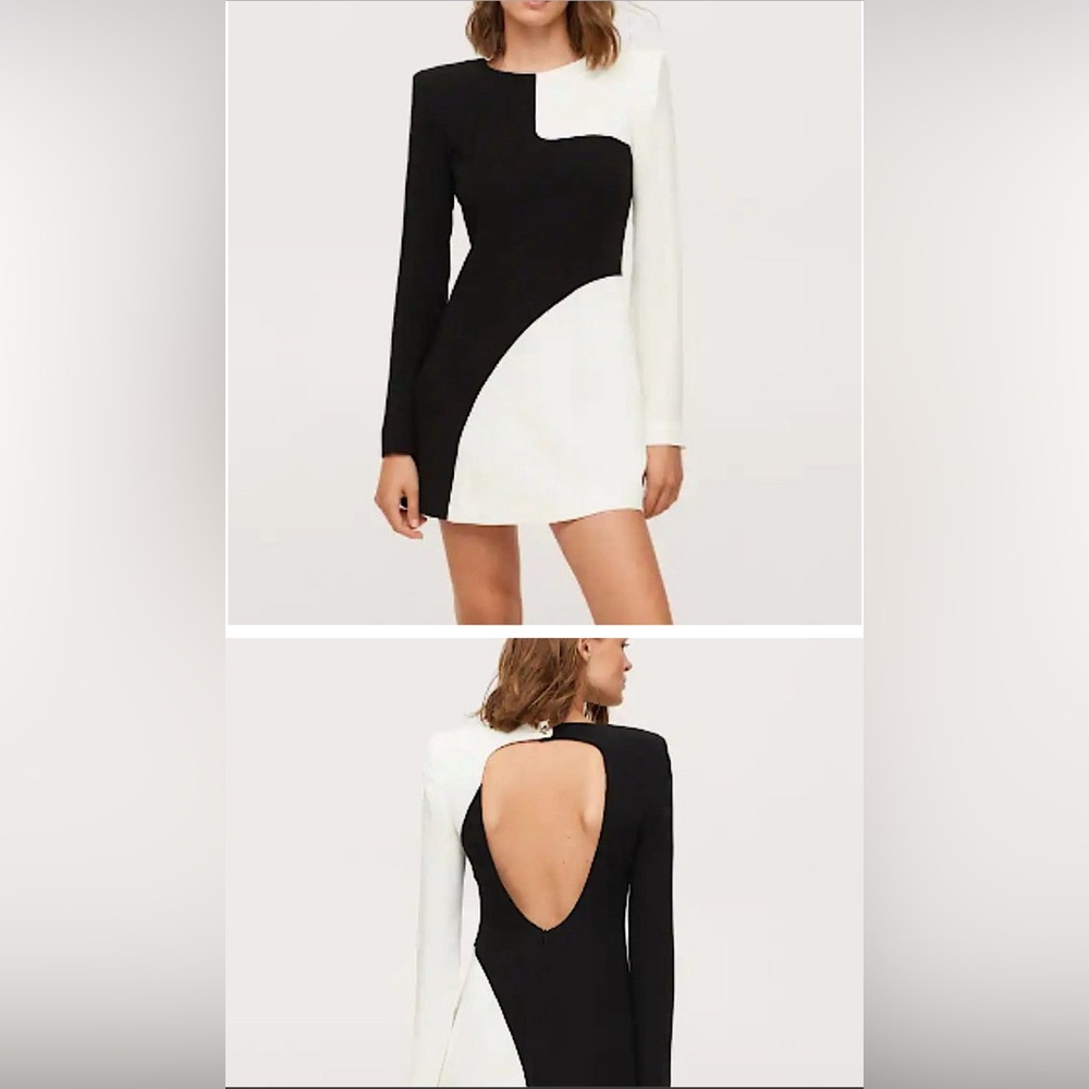 Mango Cut Out Back Mini Dress Black & Ivory Color Block Size 6